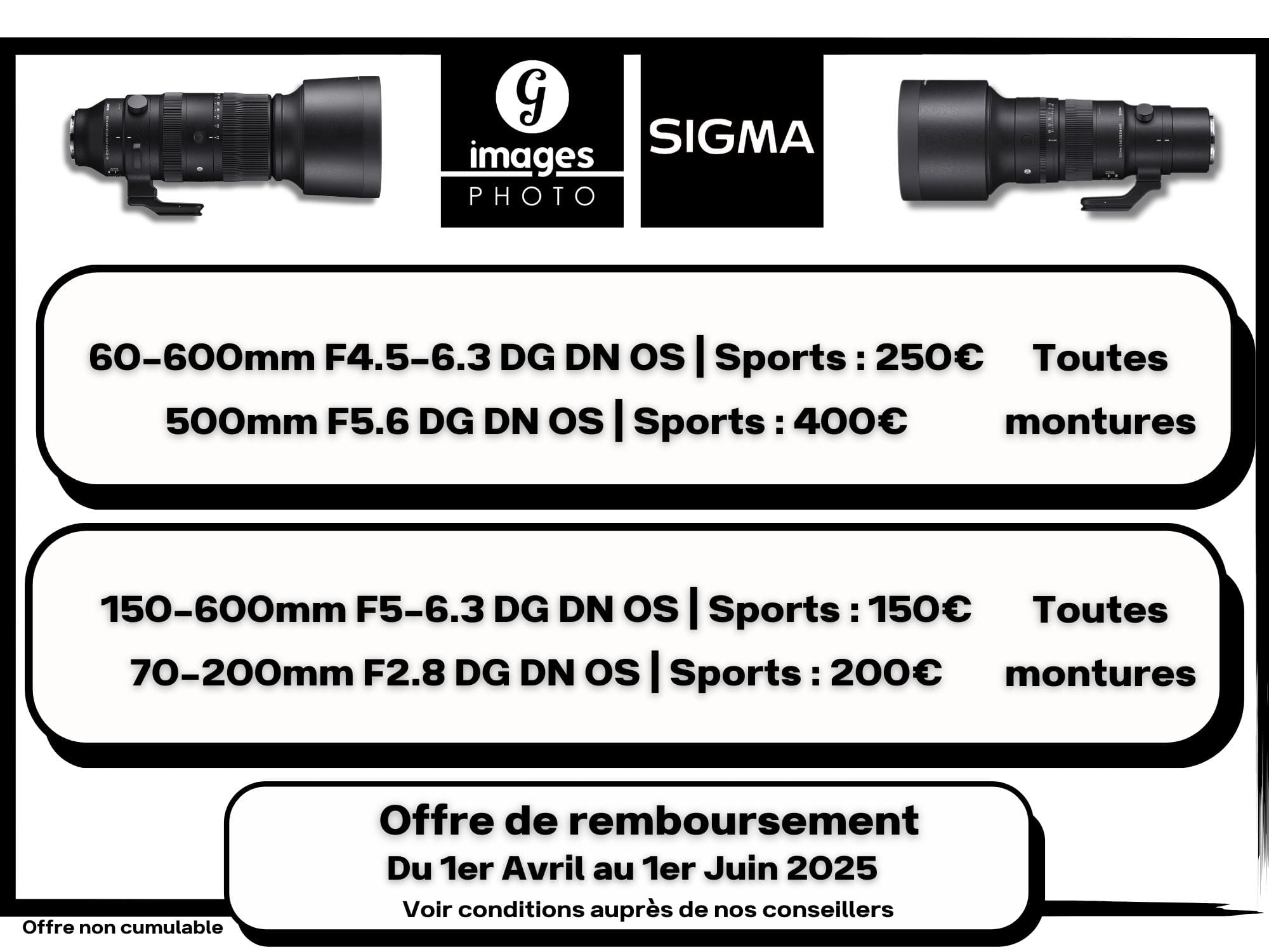 Offre de remboursement SIGMA 01/04/2025 au 01/06/2025 sur une sélection d’optiques SPORT → Germain Photographie
