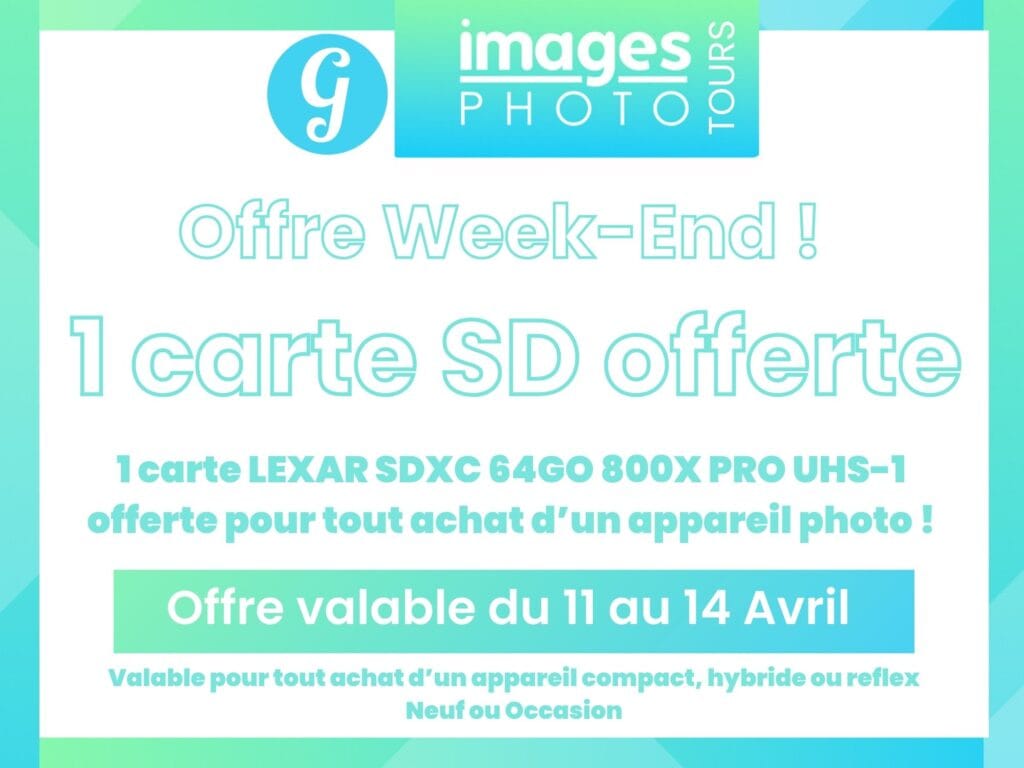 Offre WEEK END chez Germain Photographie : 1 carte mémoire SD 64Go offerte pour tout achat d'un appareil photo du 11/04/25 au 14/04/25 ! → Germain Photographie