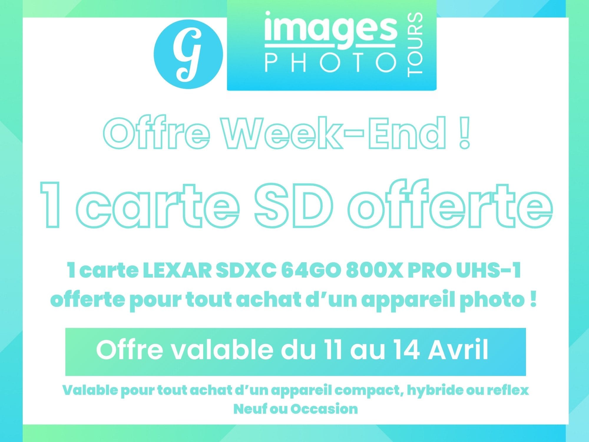 Offre WEEK END chez Germain Photographie : 1 carte mémoire SD 64Go offerte pour tout achat d'un appareil photo du 11/04/25 au 14/04/25 !